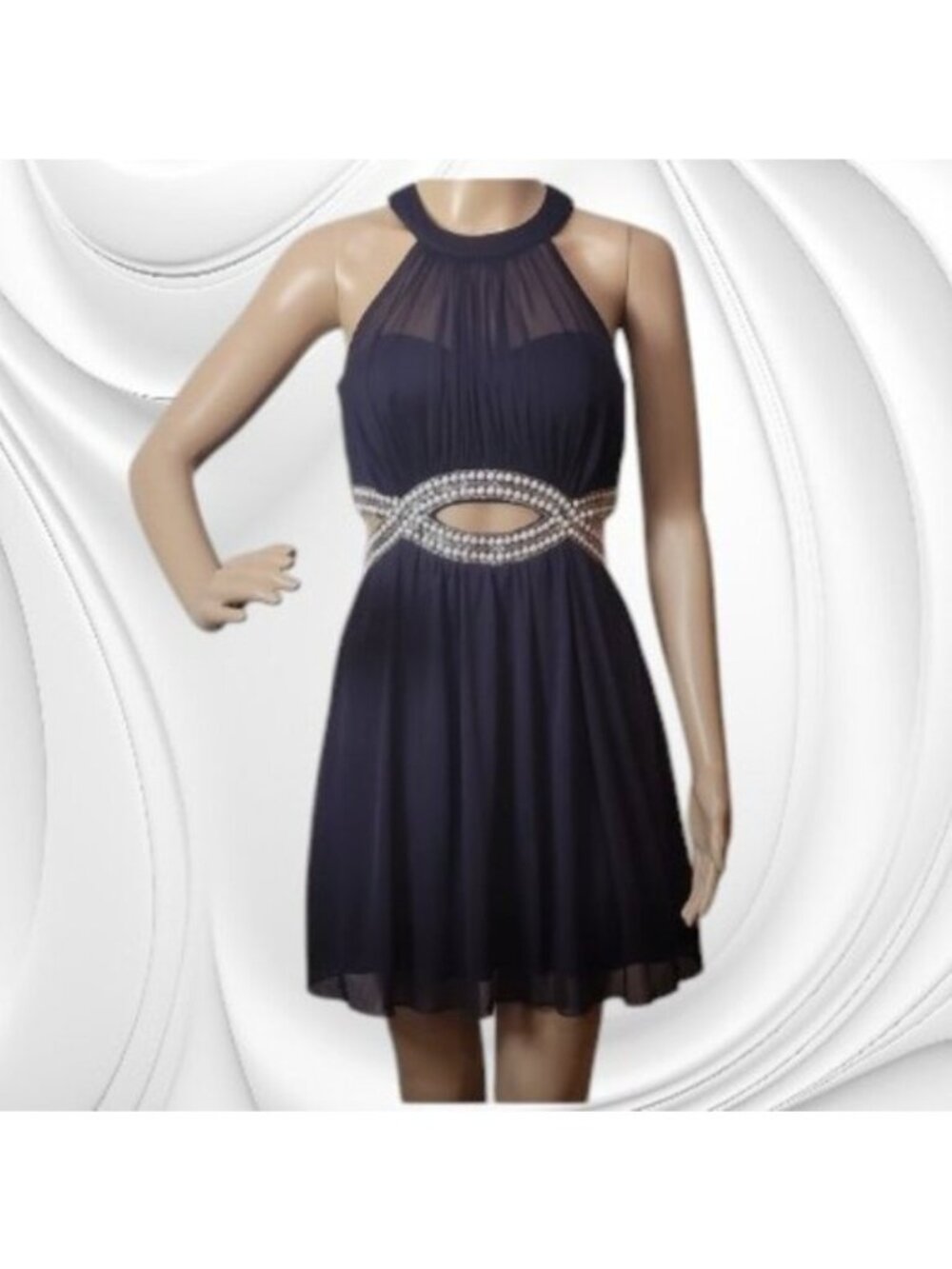 "It Girl" Blue Ruched Halter Mini Dress Glamorous Cocktail Art Deco Old Money - Picture 2 of 14